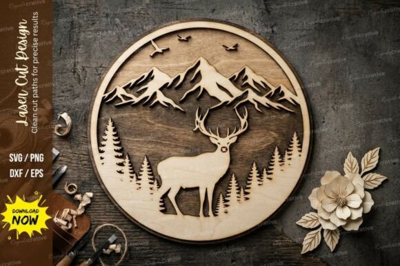 Download Deer Mountain Circle Laser Cut SVG - Laser Collection